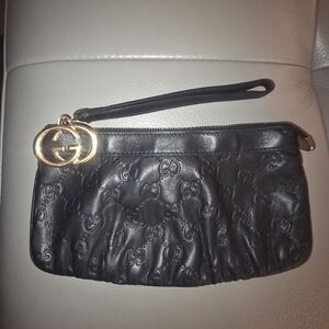 AUTHENTIC GUCCI Guccissima Black Leather Wristlet.Gold Hardware..EUC.